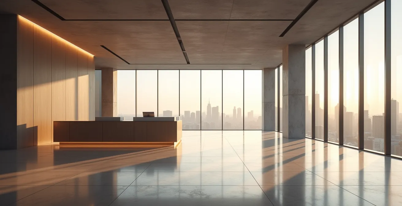 Pristine modern office lobby with polished surfaces ready for occupancy